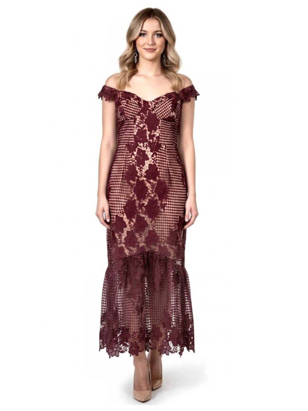BARDOT V-Neck Lace Burgundy with Beige Overlay Sheath Dress Size 10 NWOT